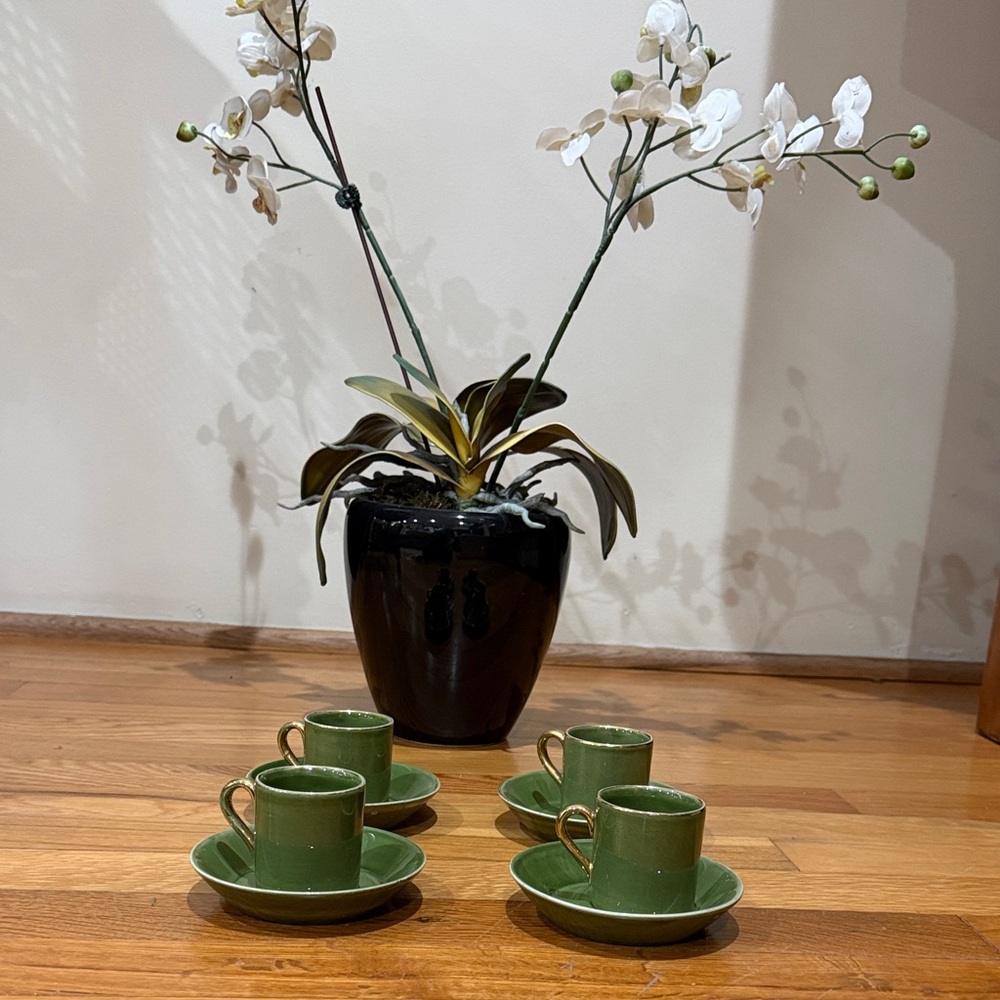 Green Ceramic Espresso Cup and Saucer Set of 4 with gold accents